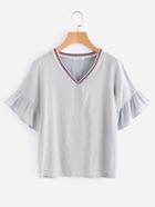 Romwe V Neckline Contrast Striped Trim Frill Cuff Top