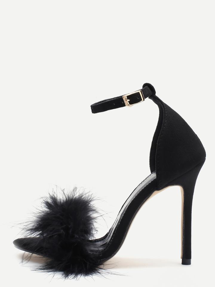 Romwe Black Feather Ankle Strap High Heels