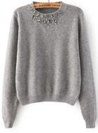 Romwe Rhinestone Knit Crop Grey Sweater