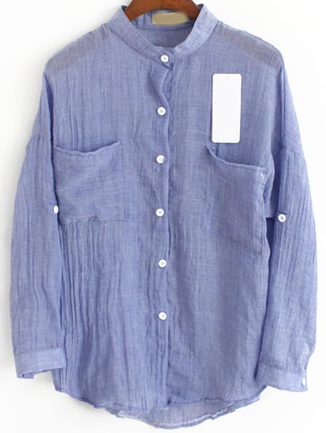 Romwe Stand Collar With Pockets Blue Blouse