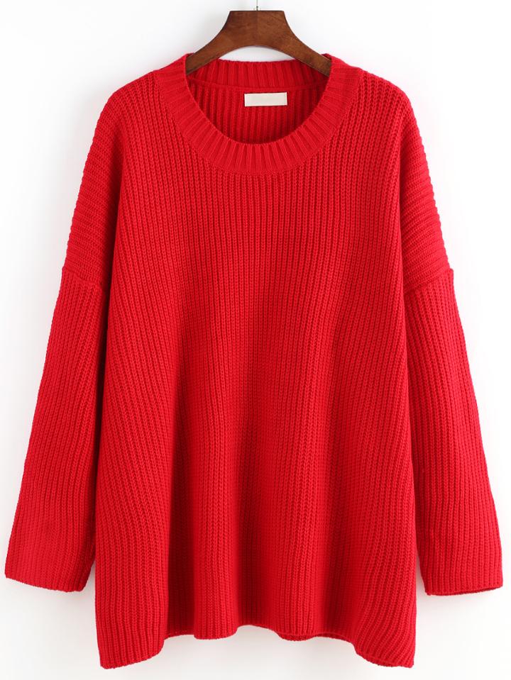 Romwe Women Long Sleeve Loose Red Sweater