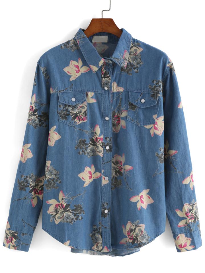 Romwe Lapel Flower Print With Pocket Denim Blouse