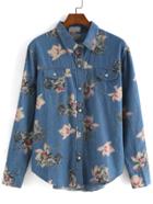 Romwe Lapel Flower Print With Pocket Denim Blouse