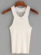 Romwe White Caged Back Ribbed Knit Halter Neck Top