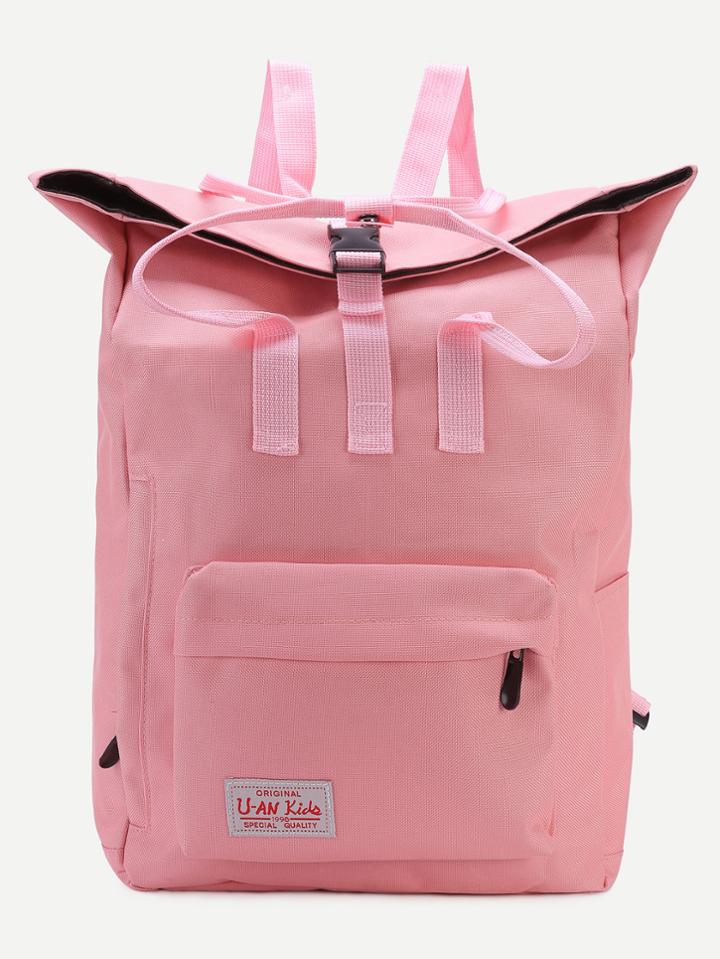 Romwe Pink Front Zipper Canvas Backpack