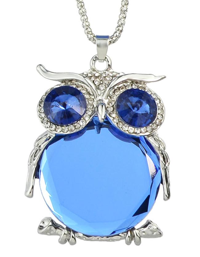 Romwe Blue Cute Rhinestone Owl Necklace