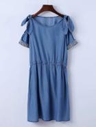Romwe Bow Tie Shoulder Embroidery Denim Dress