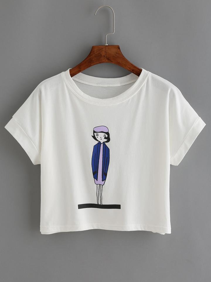 Romwe Cartoon Print Crop White T-shirt
