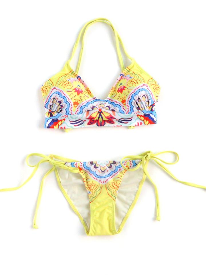 Romwe Yellow Floral Print Cross Back Side Tie Bikini Set