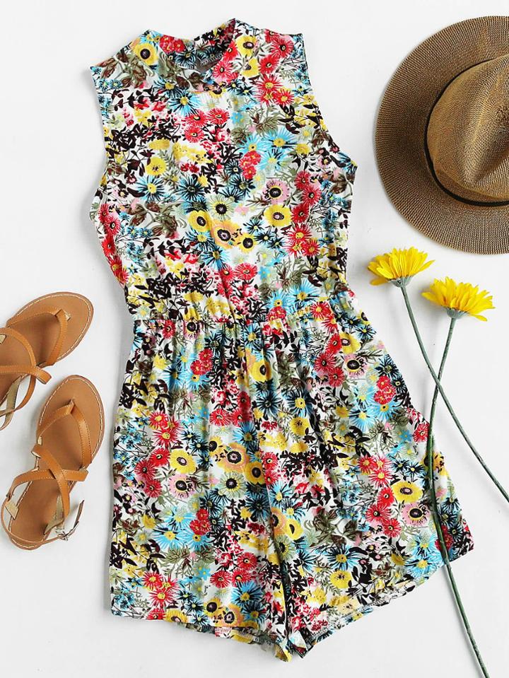 Romwe All Over Floral Print Open Back Romper