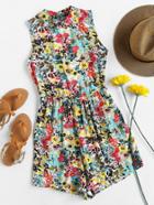 Romwe All Over Floral Print Open Back Romper