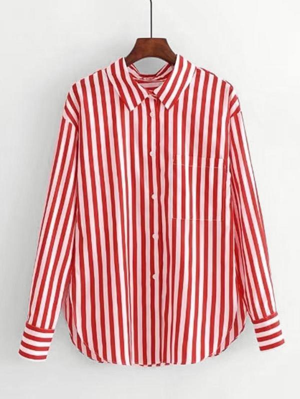 Romwe Contrast Striped Curved Hem Shirt