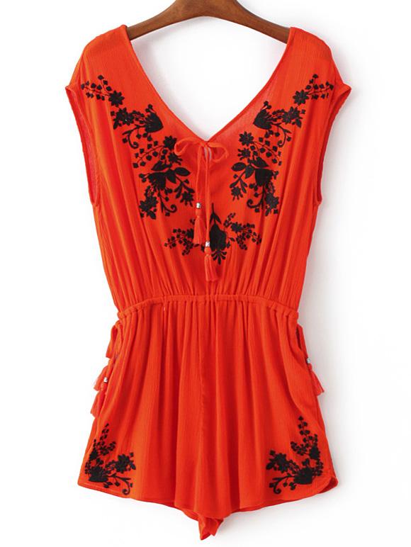 Romwe Red V Neck Embroidery Tassel Siamese Trousers