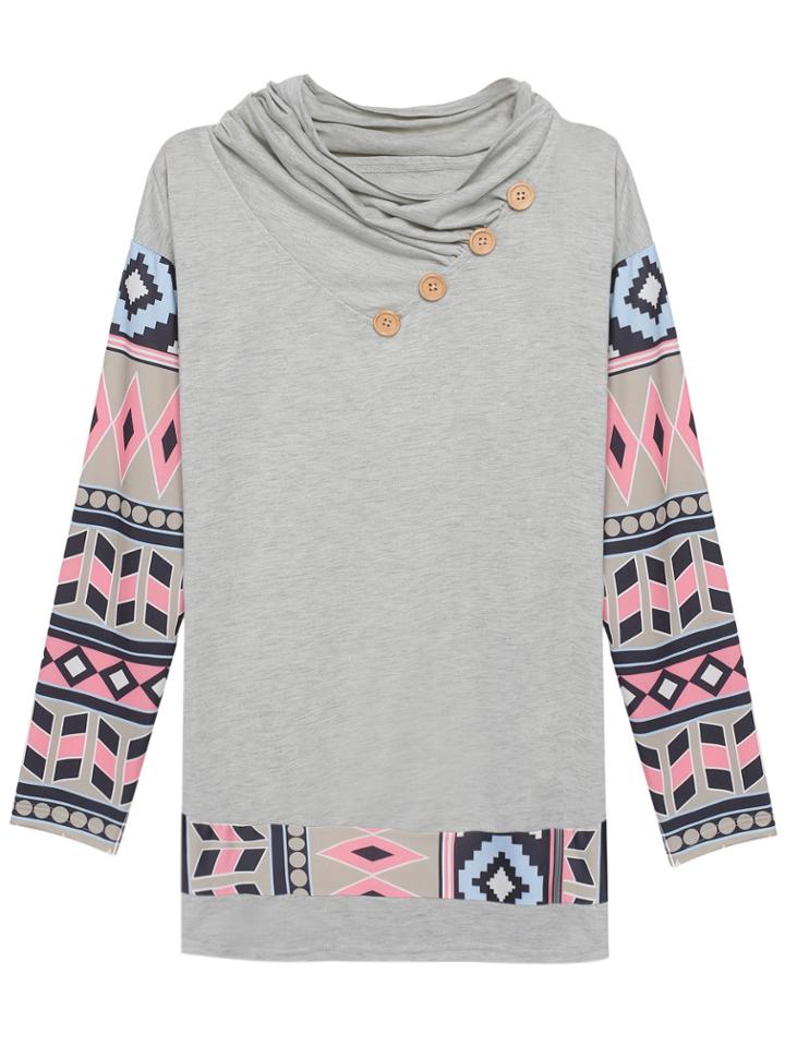 Romwe Draped Neck Geometric Print Grey T-shirt With Buttons