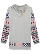 Romwe Draped Neck Geometric Print Grey T-shirt With Buttons
