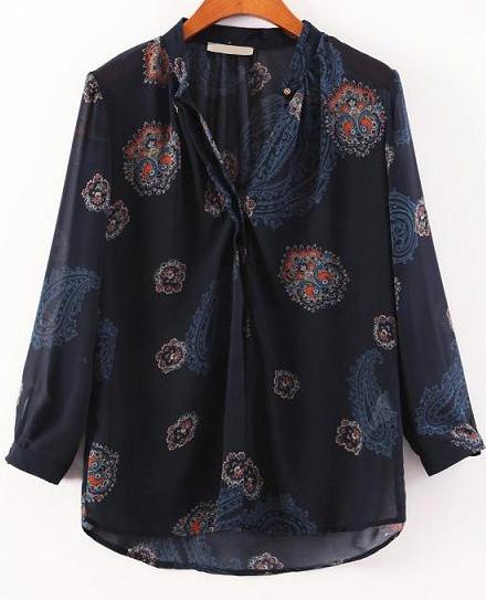 Romwe Cashews Print Loose Chiffon Black Blouse