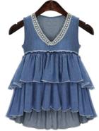 Romwe Crochet V Neck Blue Denim Tiered Top