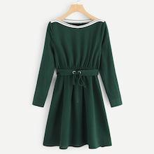 Romwe Drawstring Waist Striped Panel Dress