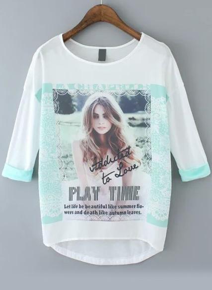 Romwe Dip Hem Beauty Print T-shirt