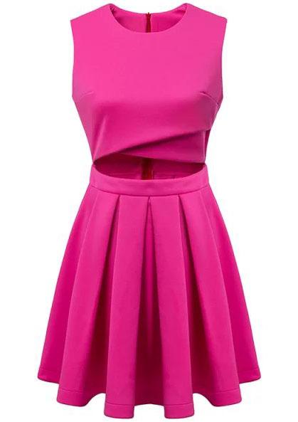 Romwe Red Round Neck Sleeveless Hollow Pleated Dress
