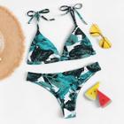 Romwe Random Palm Print Self Tie Bikini Set