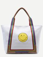 Romwe Smiley Face Print Striped Handle Canvas Tote Bag