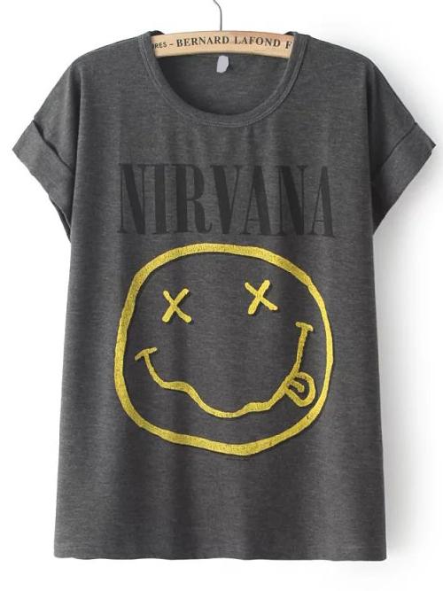 Romwe Smile Print Cuffed Grey T-shirt