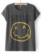 Romwe Smile Print Cuffed Grey T-shirt