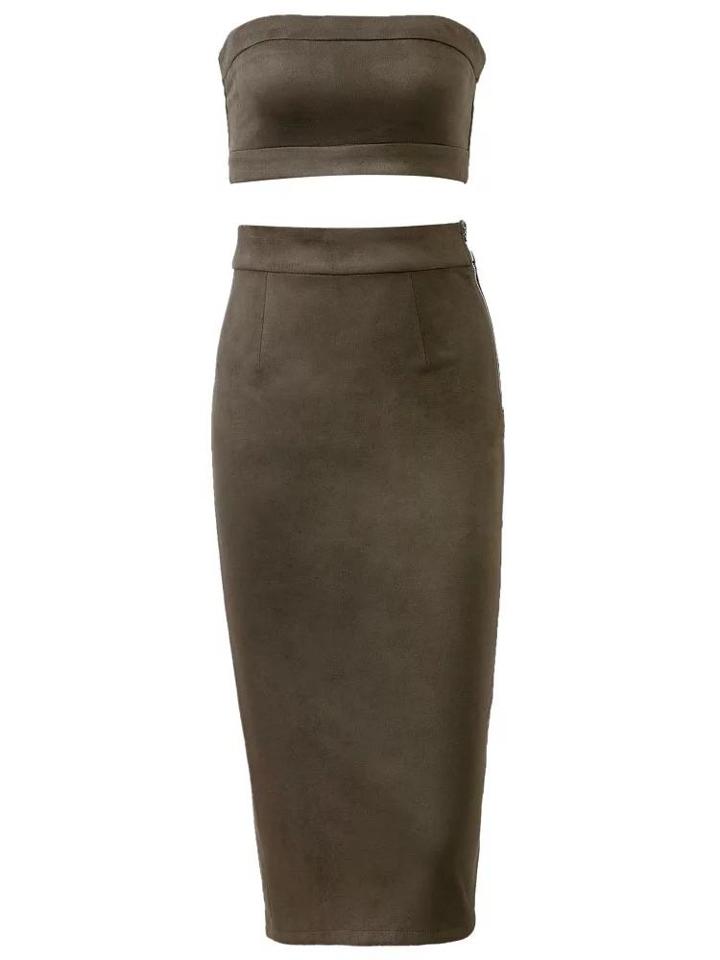 Romwe Army Green Strapless Suede Crop Top With Slit Skirt