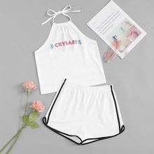 Romwe Letter Print Halter Top With Shorts