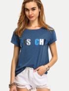 Romwe Blue Letters Print Short Sleeve T-shirt