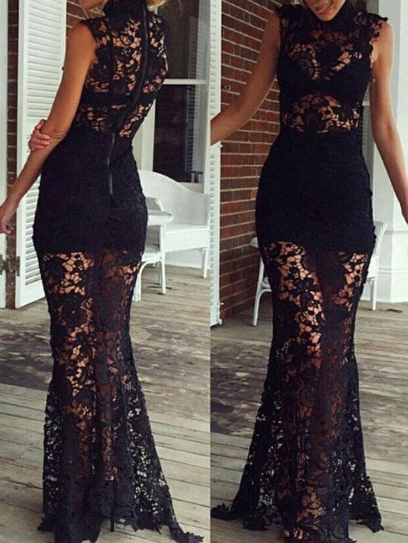 Romwe Black Mock Neck Lace Zipper Maxi Dress