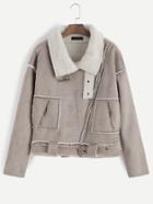 Romwe Apricot Oblique Zipper Faux Shearling Lined Coat With Buckle
