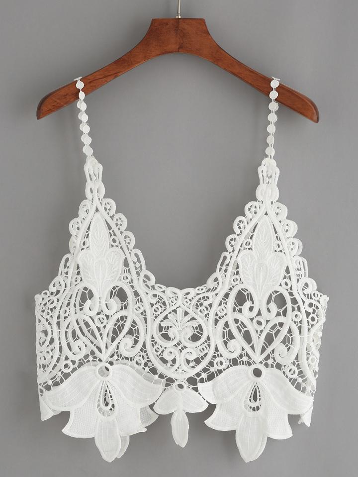 Romwe White Hollow Out Crop Crochet Cami Top
