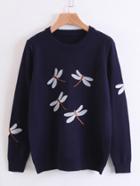 Romwe Dragonfly Embroidery Jumper Sweater
