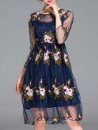 Romwe Navy Gauze Embroidered A-line Dress