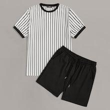 Romwe Guys Striped Ringer Top & Sweat Shorts Set