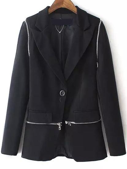 Romwe Notch Lapel Single Button Zipper Blazer