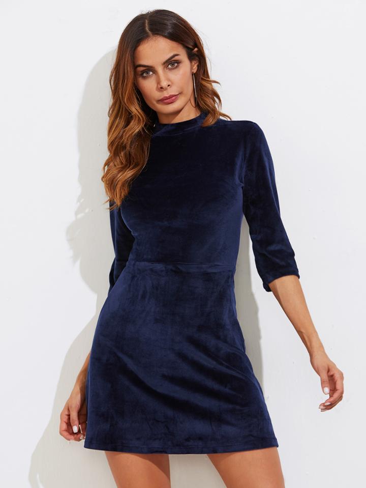 Romwe Three Quarter Sleeve Velvet Dress