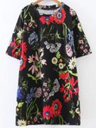 Romwe Black Floral Print T-shirt Dress