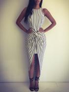 Romwe Black White Vertical Striped Knotted Asymmetric Dress