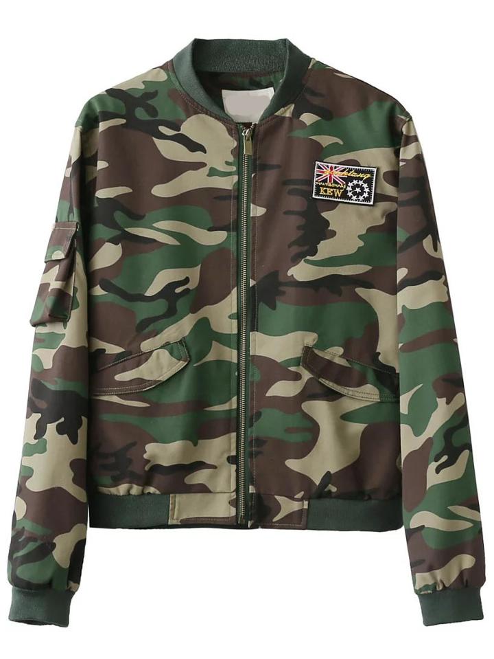Romwe Army Green Camouflage Print Boyfriend Jacket