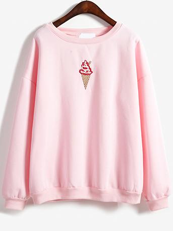Romwe Round Neck Ice Cream Embroidered Pink Sweatshirt