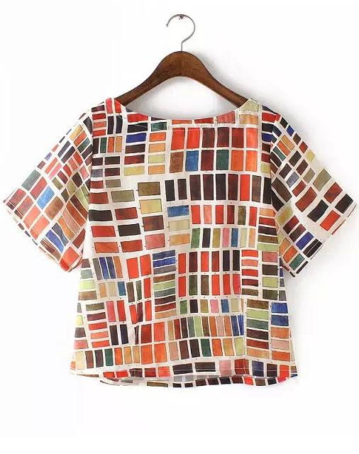 Romwe Multicolor Short Sleeve Geometric Print Blouse