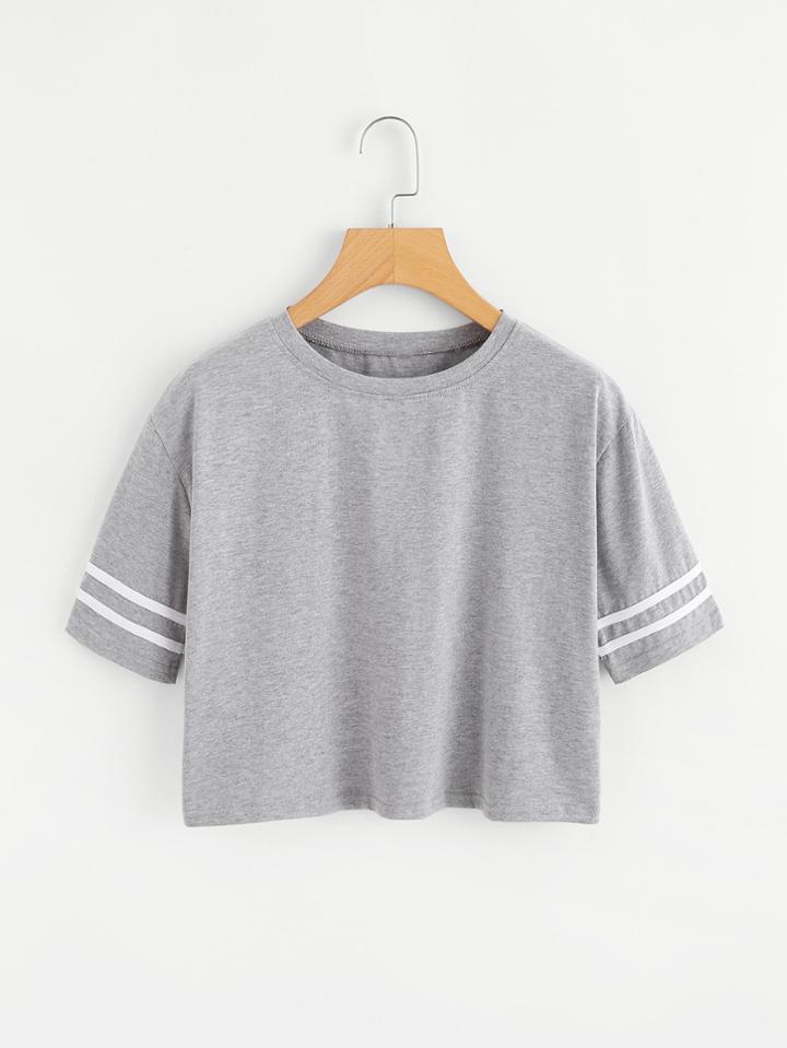 Romwe Varsity Striped Panel Crop Tee