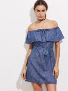 Romwe Flounce Layered Neckline Drawstring Stripe Dress With Belt