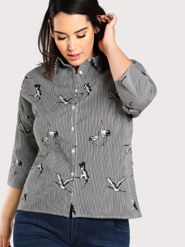 Romwe Pinstripe And Crane Print Drop Shoulder Shirt