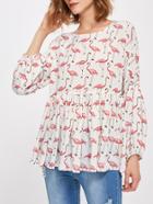 Romwe Allover Flamingo Print Lantern Sleeve Smock Blouse