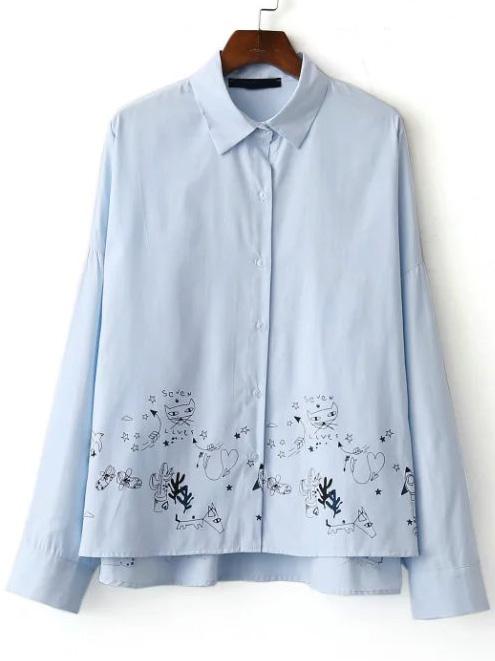 Romwe Blue Cartoon Print High Low Blouse