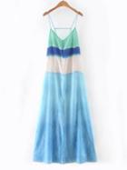 Romwe Blue V Neck Spaghetti Strap Split Maxi Dress